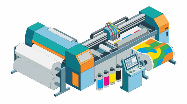 Modern industrial printing machine with colorful ink cartridges and digital control panel.