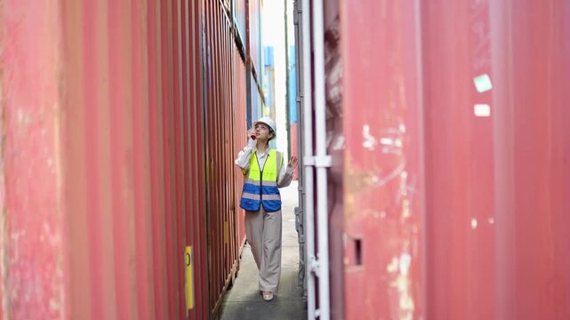 Female logistics worker in safety vest walks through narrow container rows, counts shipments, and communicates by walkie talkie with port operations team.
