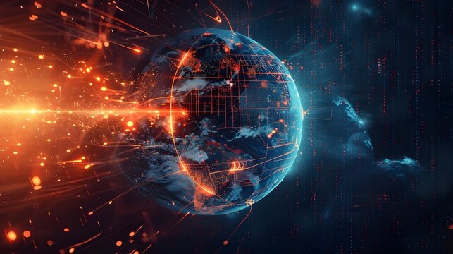 3D Earth Globe Model with Exploding Sparks and Glowing Golden Geothermal Energy Stream for Global Technology