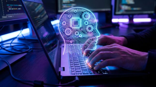 Programmer using laptop with AI coding assistant for software development and automation. Artificial intelligence generates code. glowing AI hologram, gears, and circuit board graphics