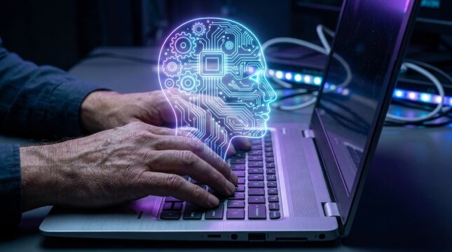 Programmer using laptop with AI coding assistant for software development and automation. Artificial intelligence generates code. glowing AI hologram, gears, and circuit board graphics