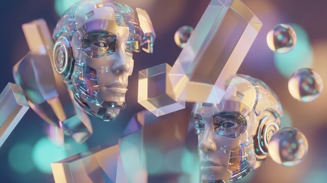 Futuristic Crystal Humanoid Robot Face with Holographic Geometric Shards, AI Concept Art Design