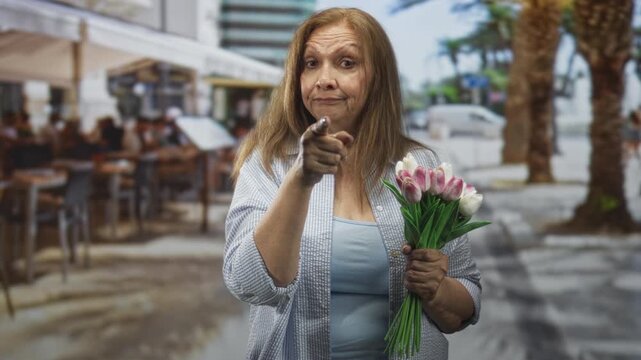Senior woman holding a bouquet of pink tulips points a finger toward camera at a street cafe; gentle reproach.