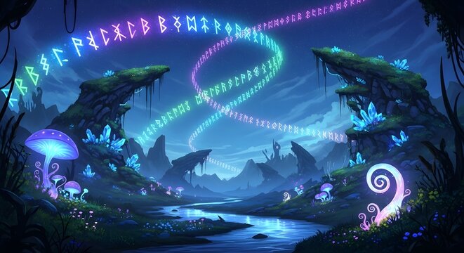 Enchanting fantasy landscape with glowing runes and mystical mushrooms