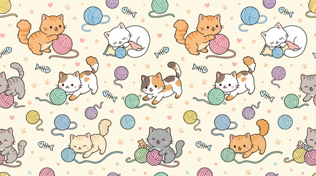 Kawaii cat seamless pattern, playful kittens, fish bones and yarn balls, pastel flat vector illustration