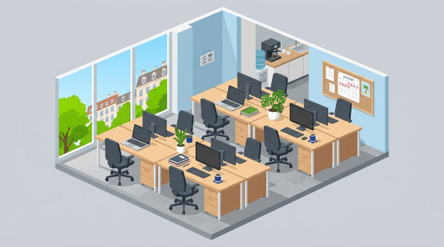 Isometric view of a modern office interior with multiple workstations, computers, and large windows overlooking a green park setting on a bright day