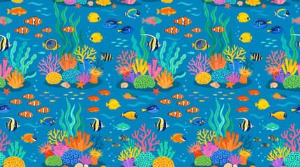 Flat vector ocean seamless pattern, coral reefs, tropical fish and seaweed, colorful marine illustration © Maftuh