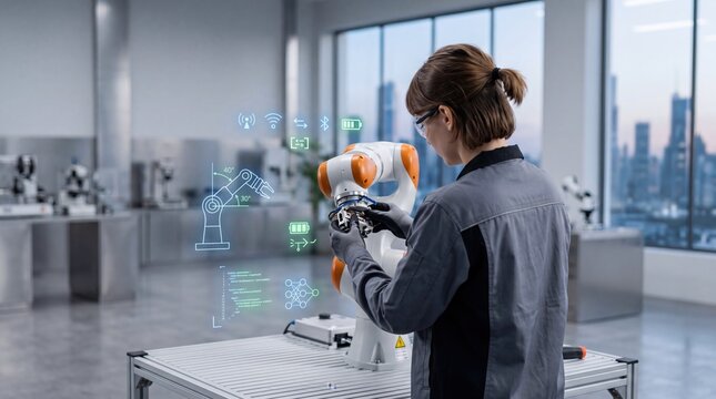 Engineer programming industrial robot arm in smart factory, automation technology, robotics maintenance and manufacturing industry innovation concept.