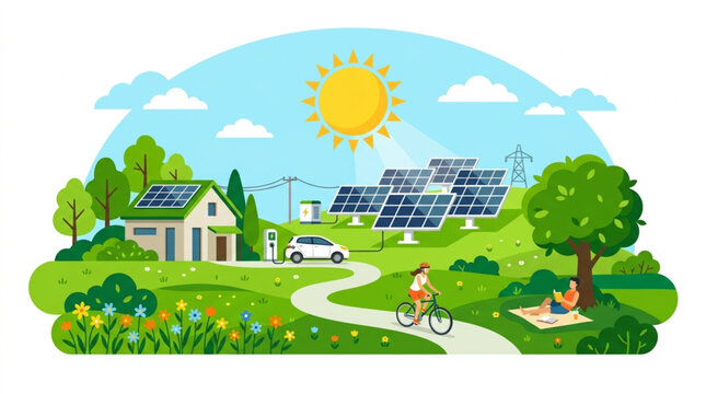 A picturesque eco-friendly landscape showcases a modern house with solar panels, an electric car charging, and people enjoying nature with renewable energy sources powering the community
