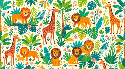 Obraz premium Colorful safari seamless pattern, lions, giraffes and jungle leaves, flat vector animal illustration