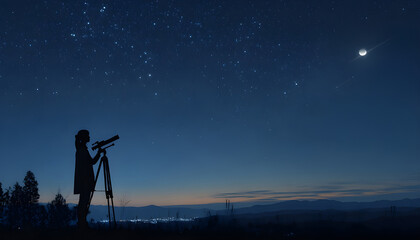 Obraz premium Woman observing stars, planets, Moon and other celestial objects.
