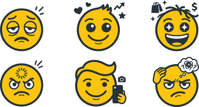 Set of diverse yellow flat emoji characters showing various emotions and digital life situations