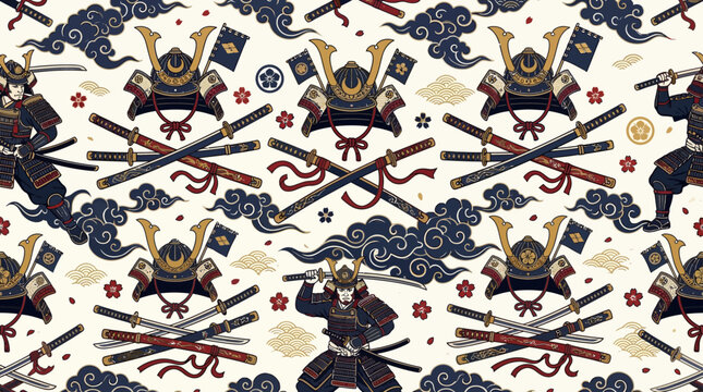 Flat vector samurai seamless pattern, katana swords, traditional helmets and Japanese clouds, elegant oriental design