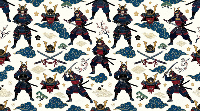 Flat vector samurai seamless pattern, katana swords, traditional helmets and Japanese clouds, elegant oriental design
