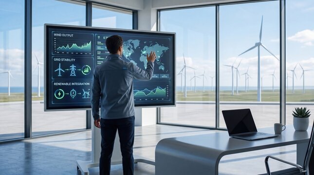 Engineer monitoring wind farm output on large interactive screen displaying grid stability maps and renewable energy integration graphs inside modern control room office building