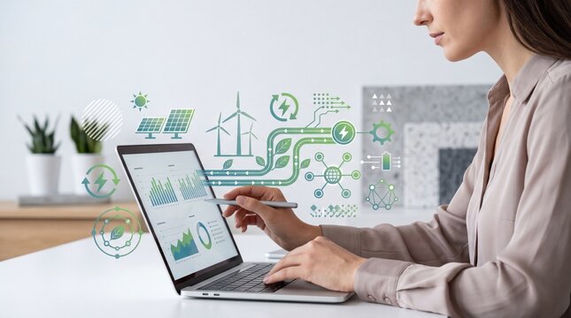 Woman analyzing green energy data on laptop with floating icons of solar panels, wind turbines, recycling symbols and power flow diagrams representing sustainable technology and