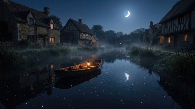Moonlit boat on a serene village river at night