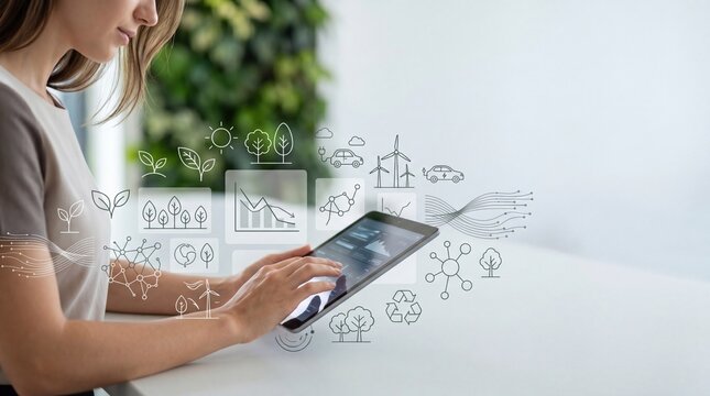 Woman analyzing green energy data on tablet with eco icons, renewable power statistics and environmental sustainability concept for clean technology and ecological future planning.