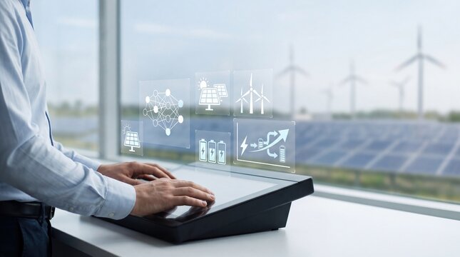 Man managing renewable energy grid on touchscreen interface with wind turbines and solar farms view, smart power distribution and battery storage optimization for sustainable