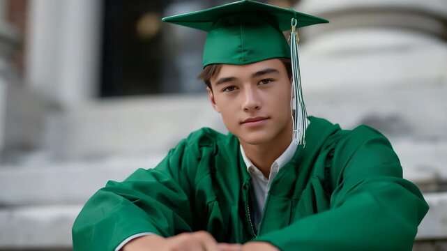 Young caucasian male graduate in green cap and gown seated on steps