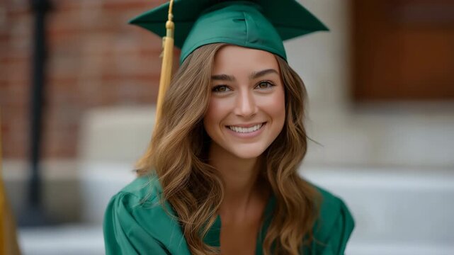 Young caucasian female graduate smiling in green cap and gown