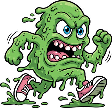 Angry Green Slime Monster Running Vector Illustration with Big Teeth and Pink Sneakers for Halloween, Comic, Mascot, and T-Shirt Designs