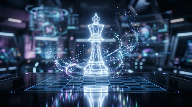 Holographic chess king piece glowing on a futuristic digital chessboard in a high-tech environment with abstract data displays.