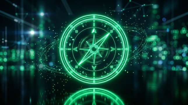 A glowing green digital compass symbol with abstract technological elements in a futuristic setting.