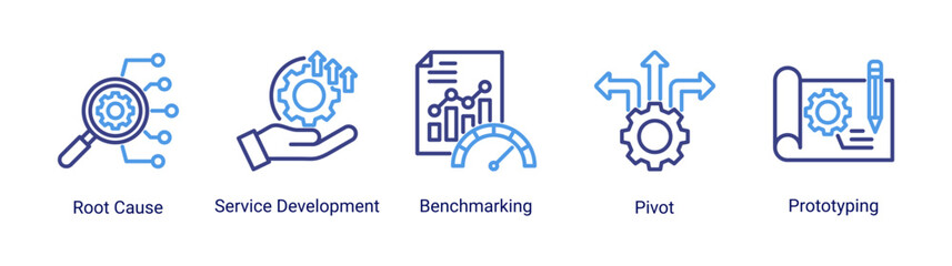 Fototapeta premium Innovation Process icon set featuring benchmarking,pivot,and prototyping vector concepts for agile service development workflow.