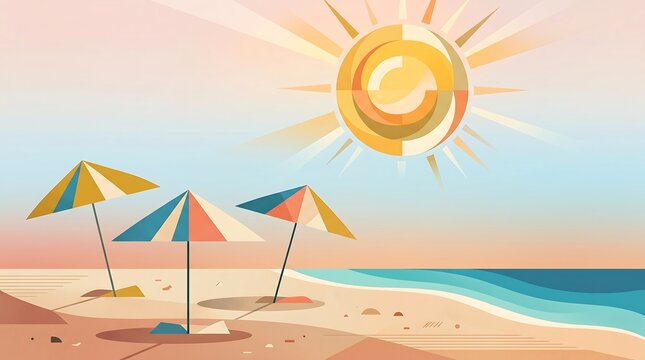 Geometric Art Deco Summer Beach Landscape under giant sun Illustration