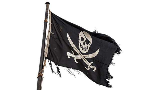 Classic black pirate flag with white skull and crossbones isolated on transparent background cut out