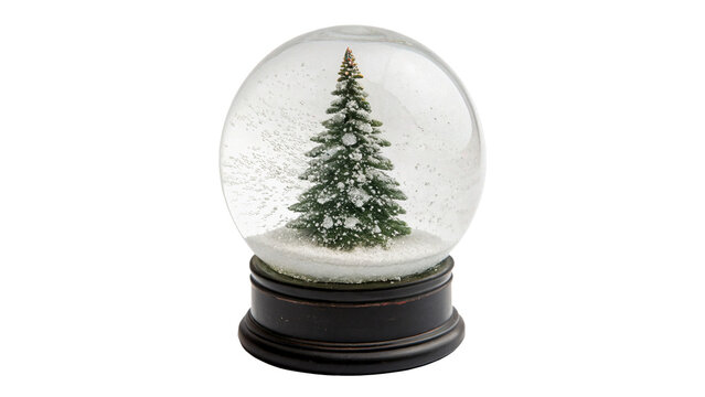 Classic winter Christmas snow globe with pine tree ornament isolated on transparent background cut out