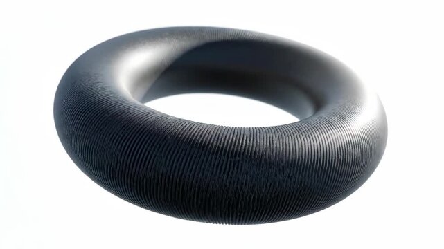 Abstract 3D render of a dark, textured torus shape floating in a bright, white space, showcasing modern geometric design and digital art.