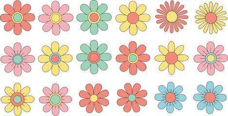 Fototapeta premium Cute pastel flower vector illustration set with colorful floral icons and simple decorative spring blossom designs isolated