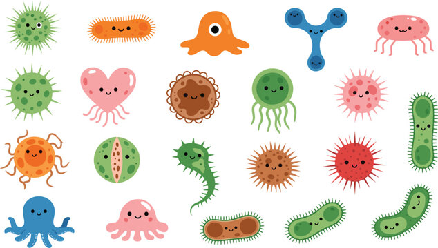 Cute cartoon bacteria and virus vector illustration set with smiling microbes and colorful germ characters isolated on white background