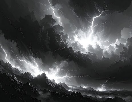 A dark, stormy sky with lightning illuminating the clouds over a rugged landscape