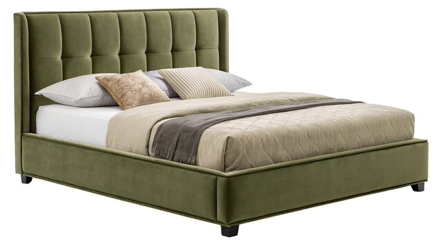 Luxury modern double bed furniture with olive green headboard isolated on transparent background cut out