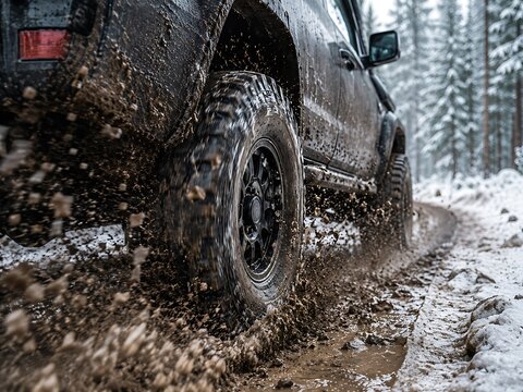 Black off road vehicle tire splashing mud and water on snowy forest track offroad