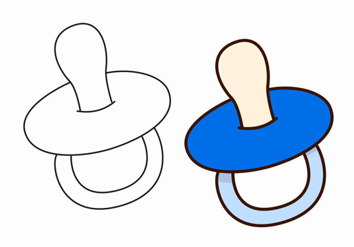 A set of two baby pacifiers (dummies). Features a clean black and white outline next to a bright blue colored version, ideal for boy-themed baby shower designs