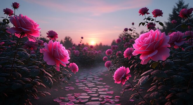 cobblestone path winds through a lush garden filled with vibrant pink roses at dawn, bathed in soft, ethereal light.