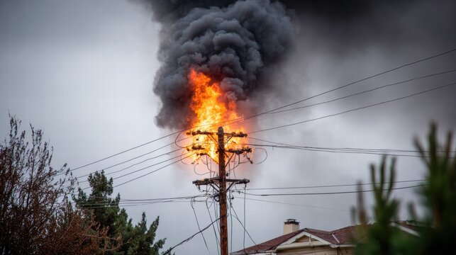 Burning power pole with thick smoke billowing into the overcast sky.