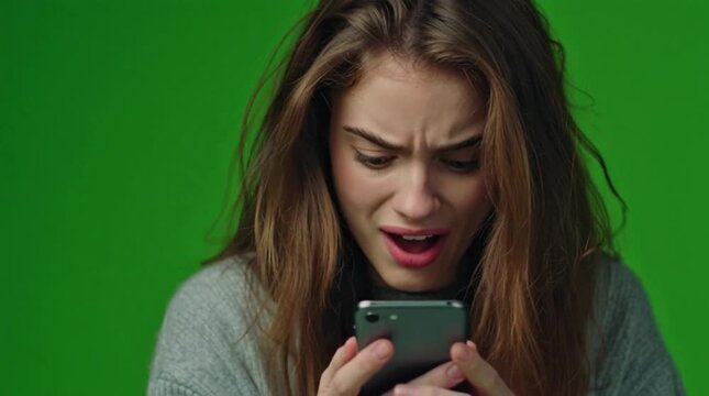 Shocked Young Woman Looking at Smartphone on Green Screen Reactions 4K