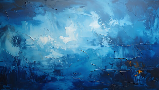 abstract textured background in deep blues and whites, with scattered light and granular details, evoking depth and movement