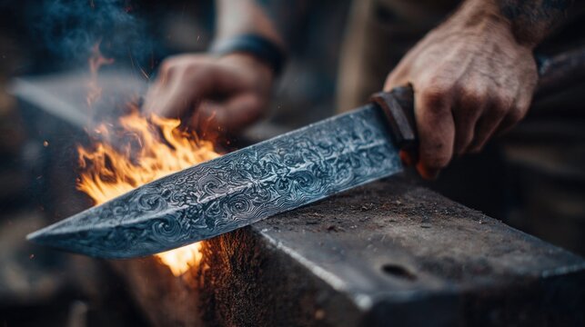 Blacksmith forging a custom knife on an anvil with flames in the foreground