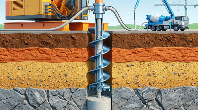 Cross section of soil layers with a large industrial drilling machine boring generated using ai