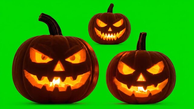 Three glowing Halloween pumpkins with carved scary faces on a vibrant green background, ready for spooky celebrations.