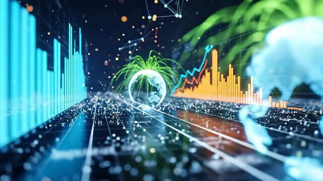 Abstract digital visualization of global financial data and economic growth with charts and graphs.