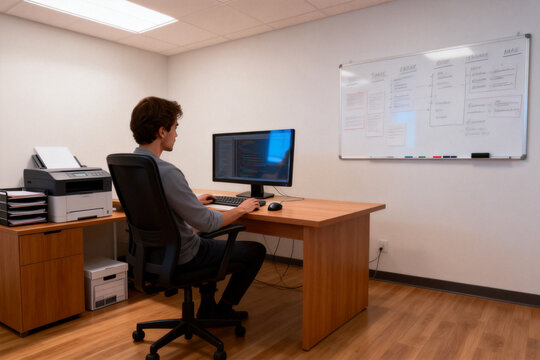 Man working on computer coding at desk in a modern office with whiteboard and printer