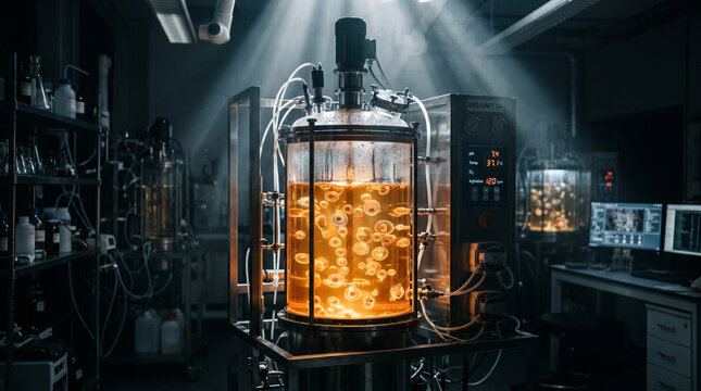 Bio Tech Glass Bioreactor Tank Filled with Golden Fluid and Bubbles
