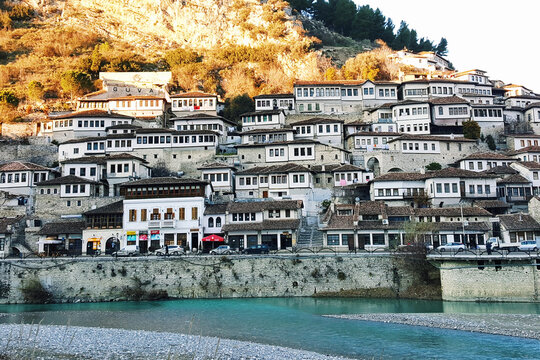 Mangalem Quarter, Berat, Albania. White Ottoman Houses with Small Windows. Ideal for European travel, tourism, and historical heritage